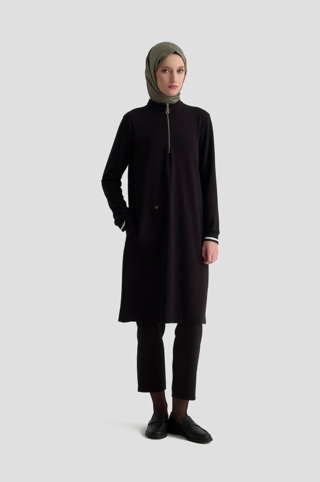 Armine Trend Kolları Ribanalı Yarım Fermuarlı Tunik Siyah 25KT443 görsel 2