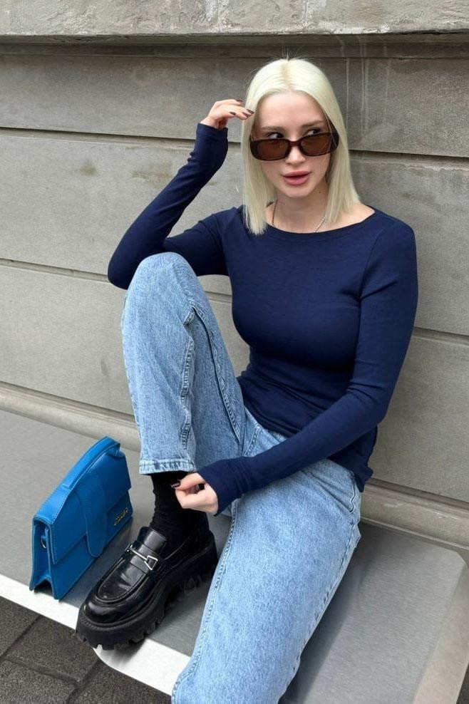 Madmext Lacivert Kayık Yaka Uzun Kollu Body MG2627 görsel 8