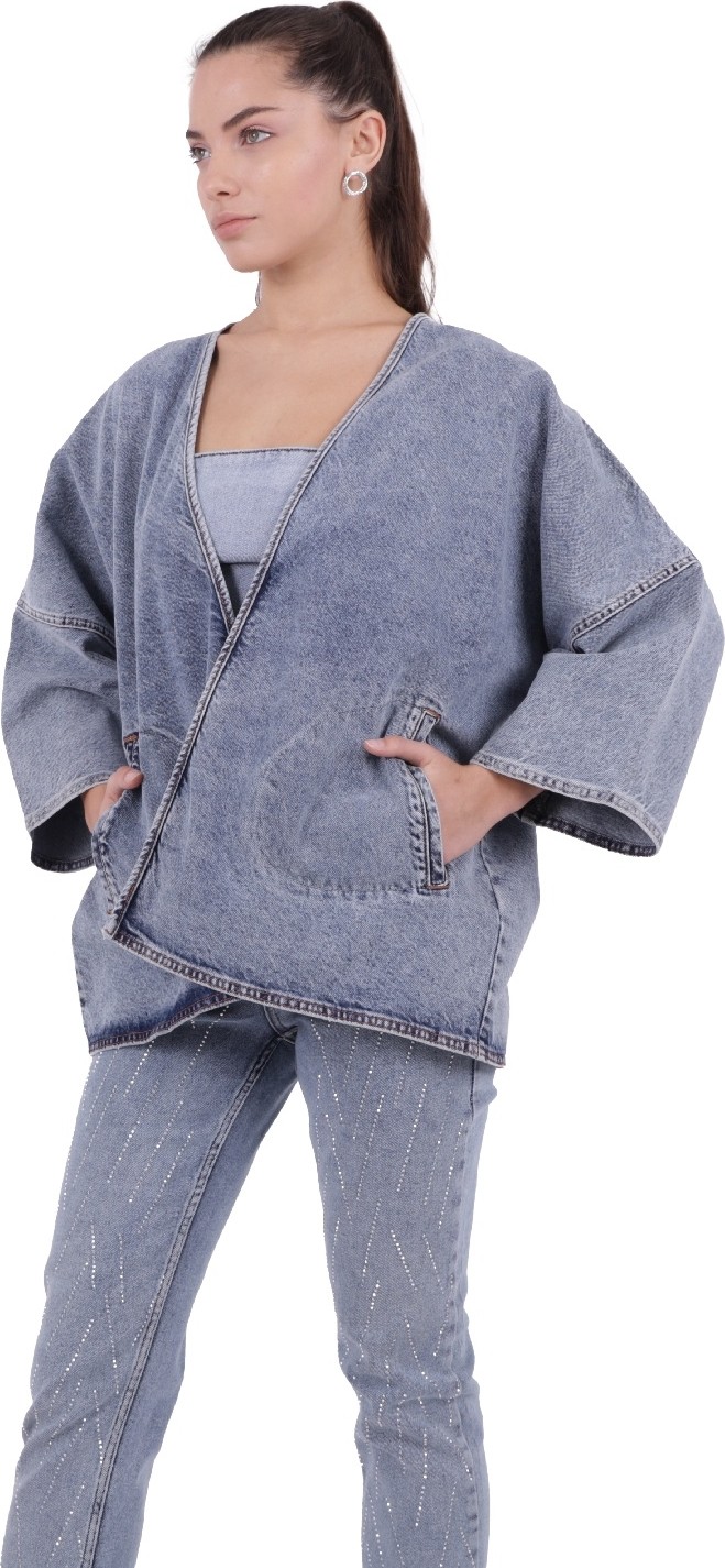 Richmost Bol Kalıplı ve Orta Boylu Kemersiz Rahat / Oversize Kadın Kot Kimono Açık Mavi Denim Dört Mevsim