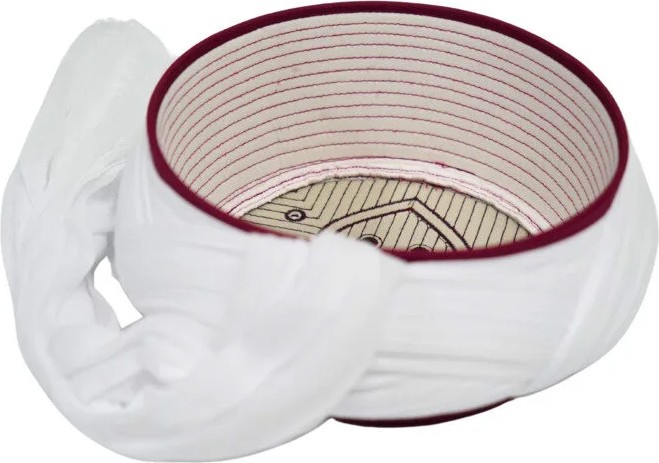 Sarıkhane Çocuk Namaz Sarığı - Beyaz Kumaş - Bordo Takke - Çapraz Sarım - Nâli Şerif - 6 Metre (Züabeli) görsel 4