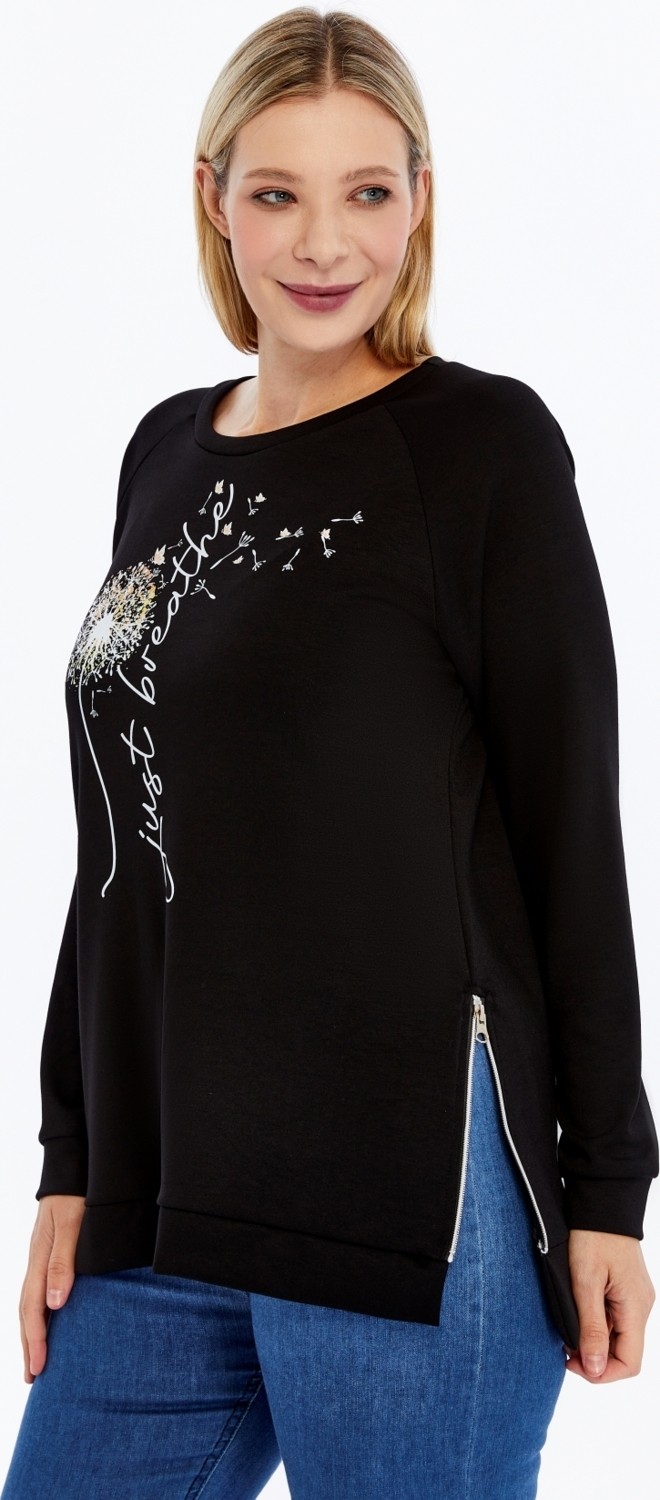 Curvy Trend Büyük Beden Breathe Baskılı Fermur Yırtmaç Detaylı Yumuşak Dökümlü Kumaş Reglan Kol Sweashirt