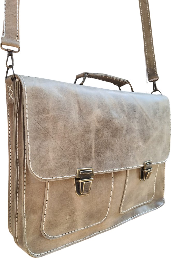 Semiramis Unisex Zeus Model Deri Bej El Yapımı Çift Körüklü Vintage Evrak Çantası