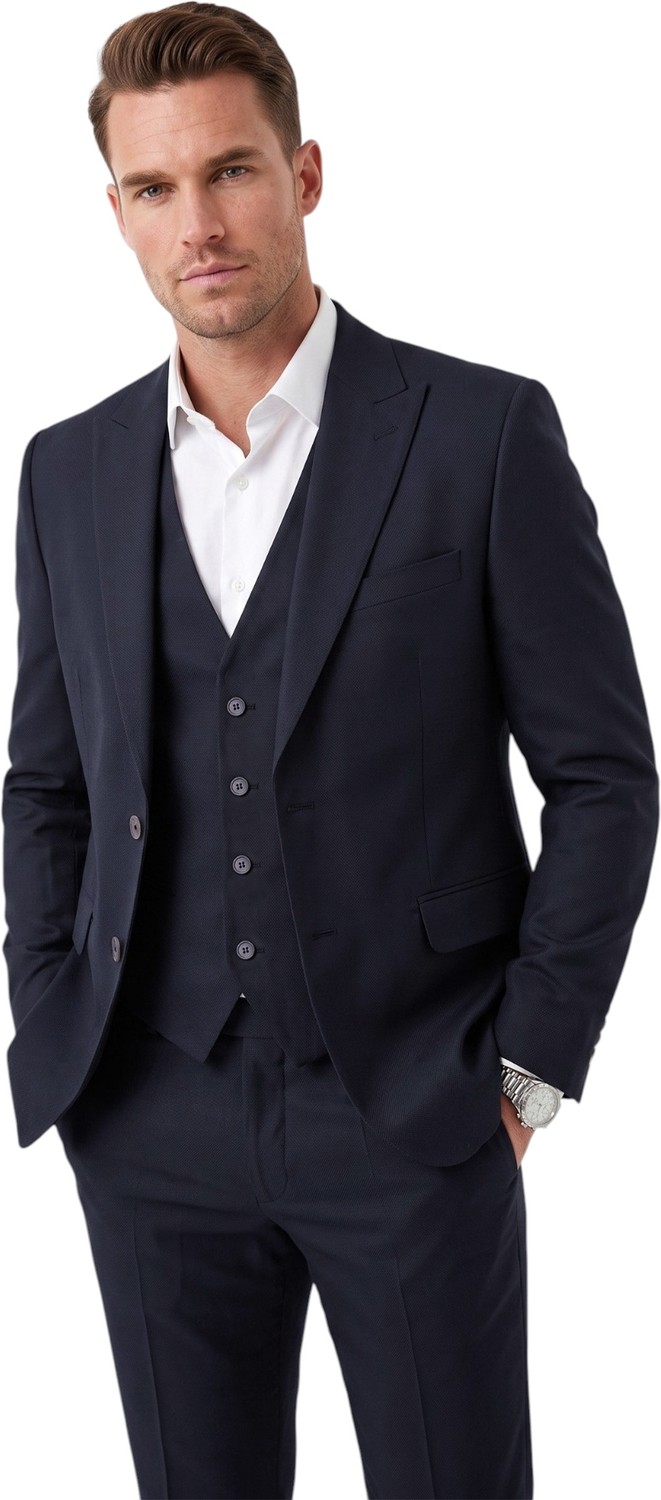 Deepsea Erkek Slim Fit Dar Kesim 3'lü Koyu Lacivert Takım Elbise Yelekli Çift Düğme Çift Yırtmaç Takım 2600509 görsel 2