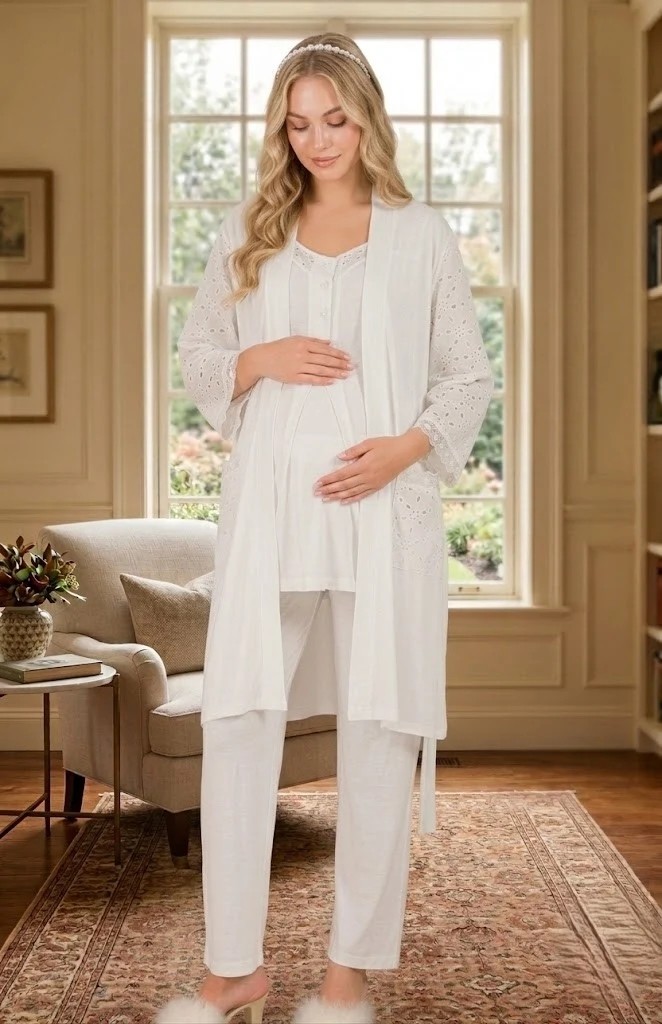 raia Yeni Sezon Mavi Kısa Kol Fisto Keten Detaylı Tasarım Yazlık Hamile Lohusa Sabahlık Pijama Takım Set görsel 4