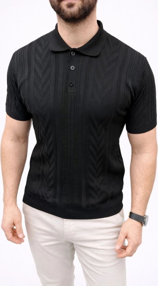 Fantastik Store Erkek Yazlık Triko Tişört Kısa Kol Polo Yaka Düğmeli T-Shirt - Siyah görsel 3