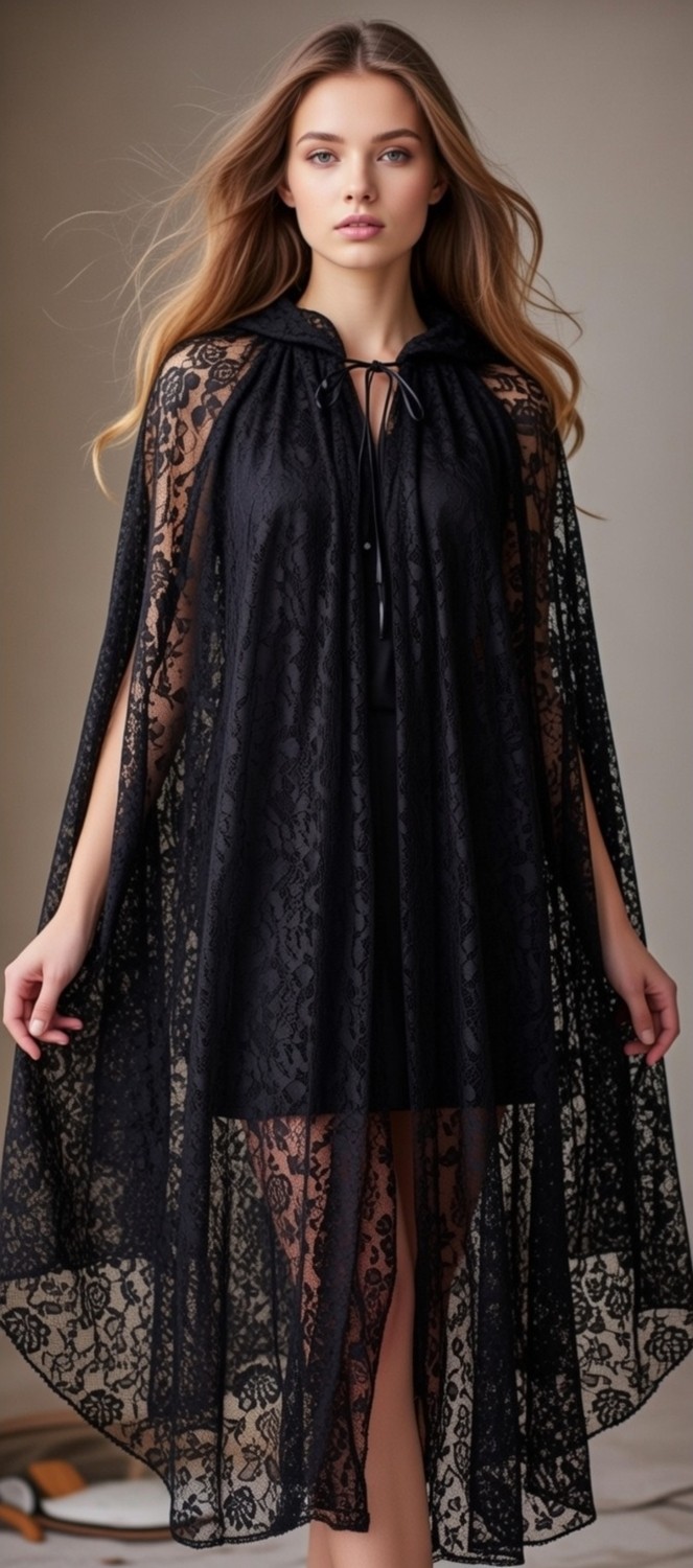 Moda Nur Pelerin, Kapşonlu Pelerin, Dantelli Lez Kumaş ,siyah Renk Pelerin, Gelin PELERIN.110 cm
