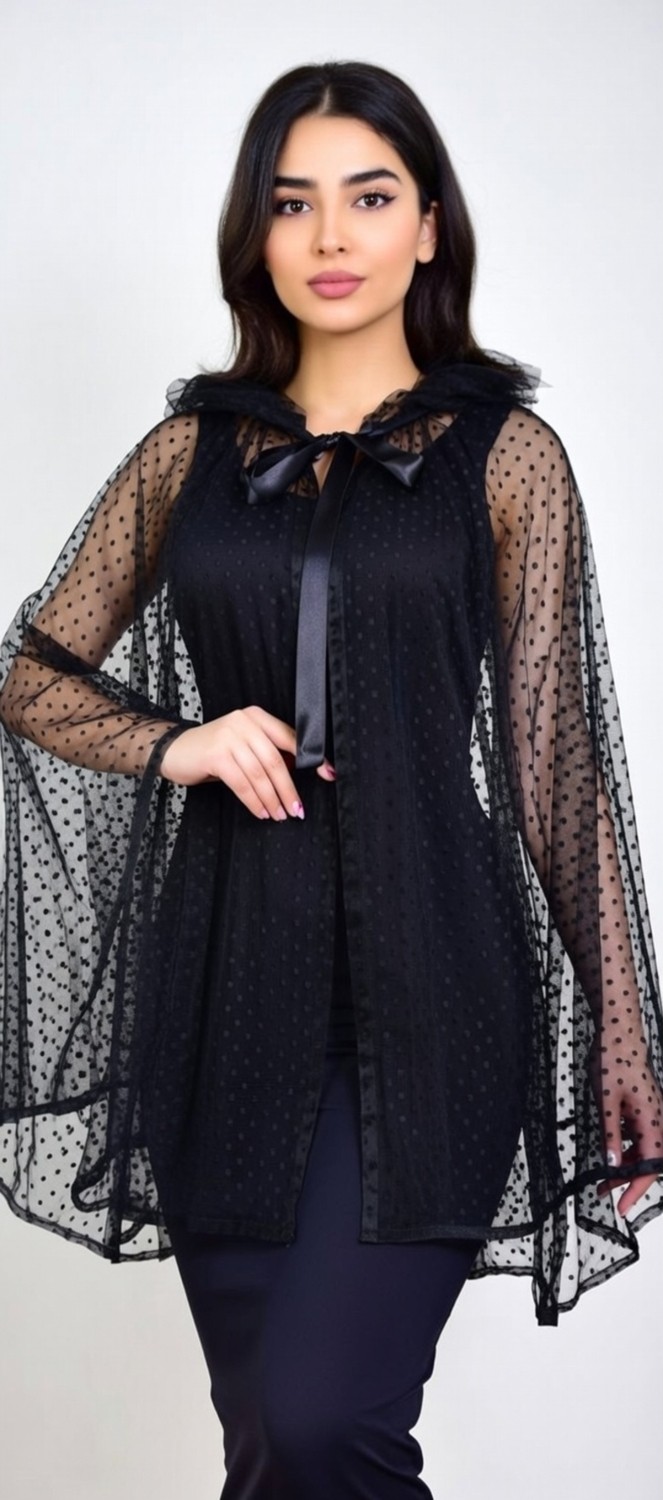 Moda Nur Pelerin, Kapşonlu Pelerin, Siyah Renk , Desenli Tül Gelin Pelerin. 85 cm