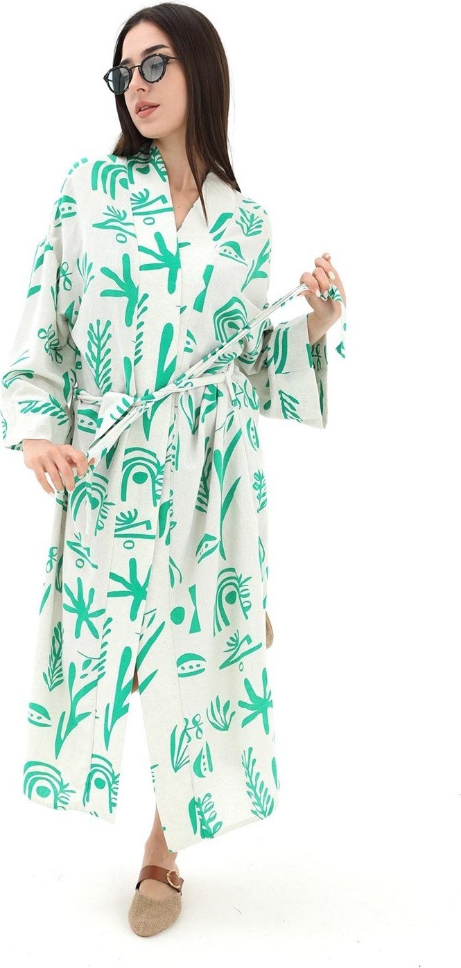 Isawella Baskılı Keten Kimono - Yeşil görsel 6