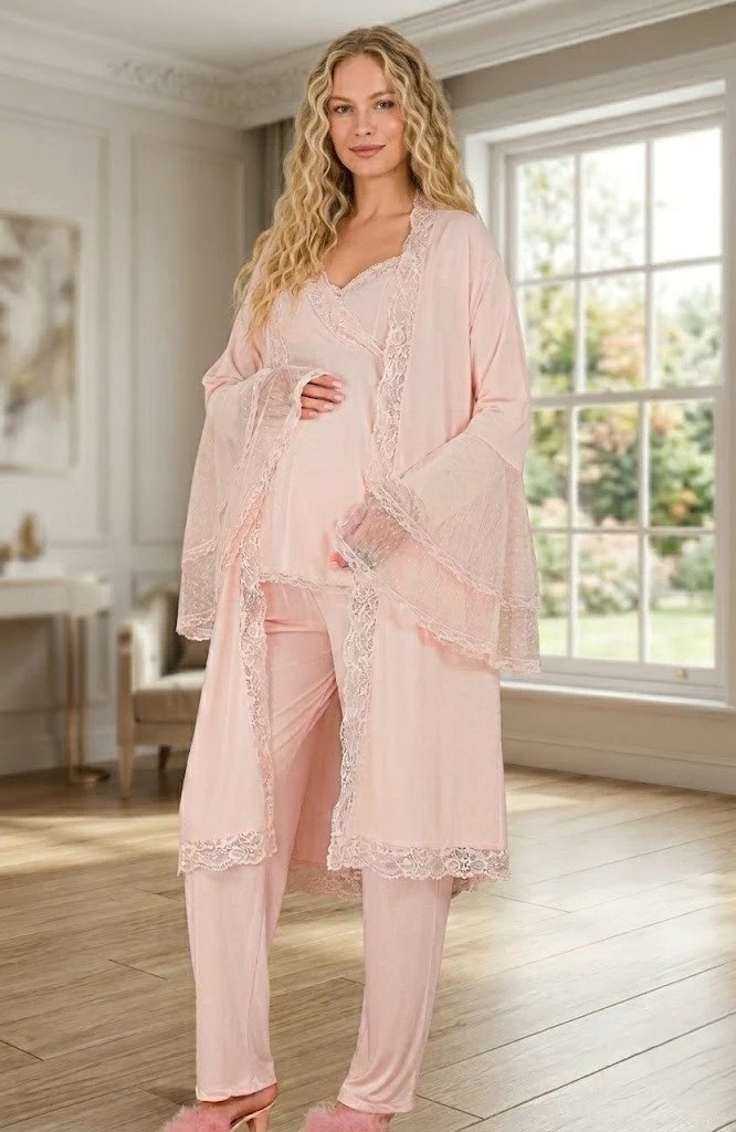 raia Yeni Sezon Mavi Hamile Şık Dantel Detaylı Emzirme Özellik Tasarım Yazlık Sabahlık Pijama Takım Seti görsel 6
