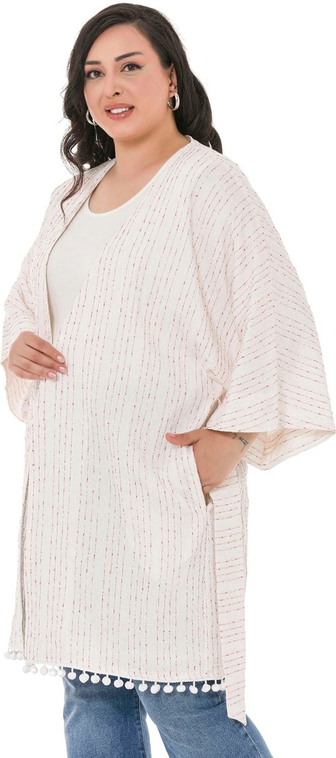 Disentis Modest Büyük Beden Yarasa Kollu Eteği Ponponlu Kuşaklı Cepli Astarlı Beyaz Üzerine Kırmızı Çizgili Kimono görsel 4
