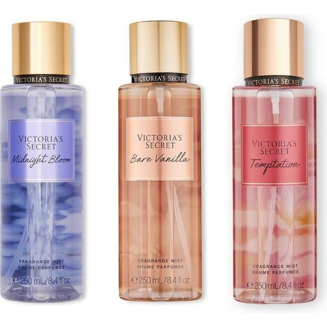 Victoria's Secret Üçlü Set Vücut Spreyi: Bare Vanilla, Midnight Bloom, Temptation 250 ml Her Cinsiyete Uygun