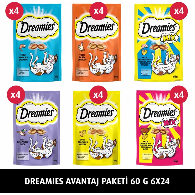 Dreamies Karışık Ödül Maması Paketi 6X24 Lezzetli Somonlu, Tavuklu, Peynirli Yetişkin Kediler İçin
