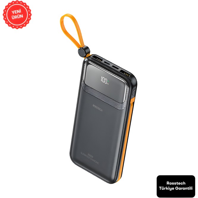 Rosstech RS-500 20.000MAH 22.5W Pd Powerbank Dijital Ekranlı 6 Portlu Dahili Çift Kablolu
