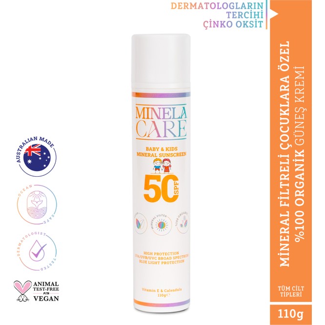 Minela Care 100% Organik Mineral Filtreli Bebek ve Çocuk Güneş Kremi Spf 50 110 gr PA++++