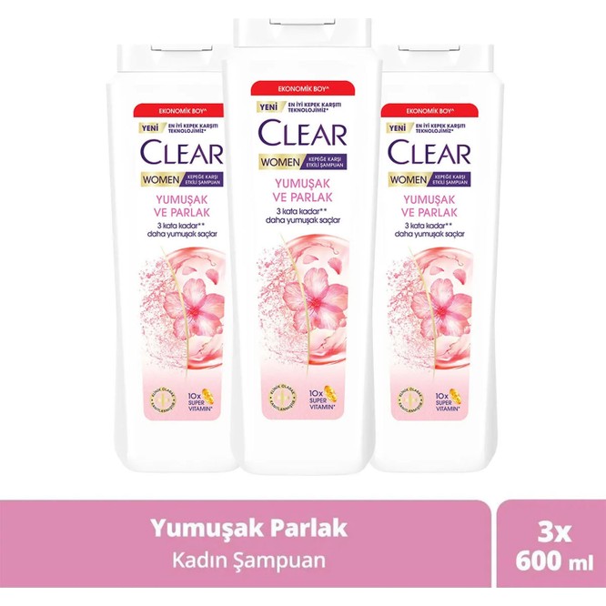 Clear Women Kepeğe Karşı Etkili Şampuan 600 ml x 3 Kadınlar İçin Yumuşak ve Parlak Saçlar