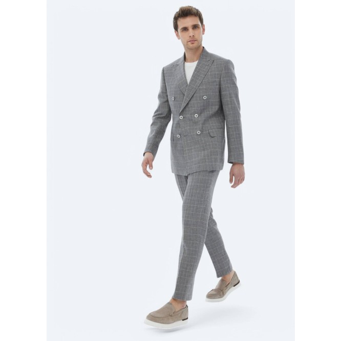 Gri Kareli Slim Fit Pamuk Karışımlı Takım Elbise