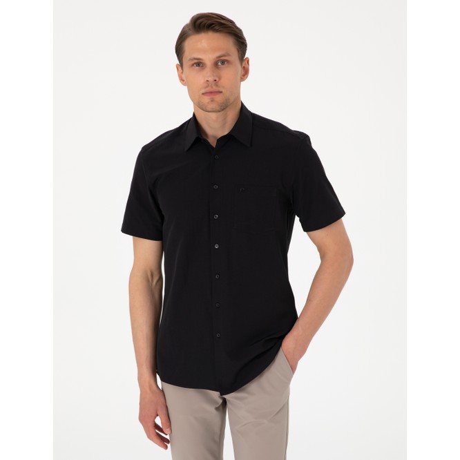 Pierre Cardin Erkek Siyah Basic Regular Fit Kısa Kollu Cepli Gömlek 50307003-VR046