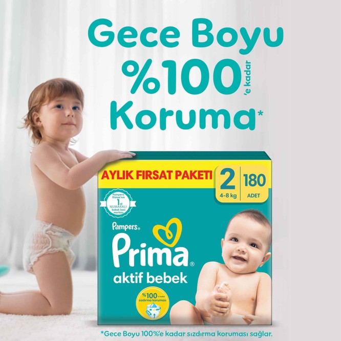 Prima Aktif Bebek, Bebek Bezi 2 Numara, 180 adet