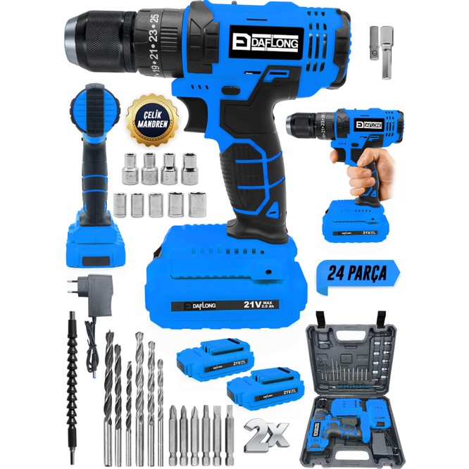 Daflong 21V Akülü Vidalama Çelik Mandrenli Şarjlı Matkap 2,9 Ah Li-on Akü Yüksek Tork ve Ergonomik Tasarım