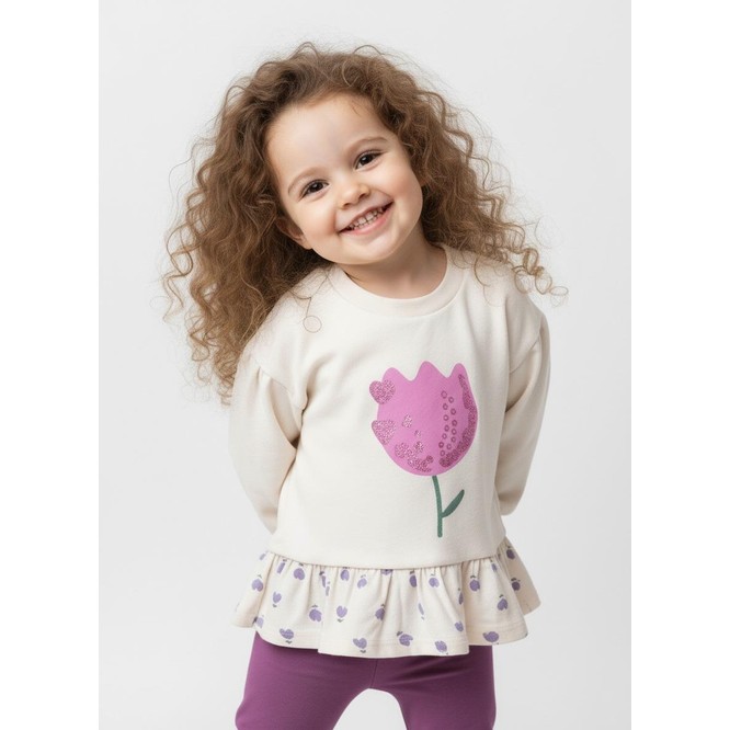 Kız Çocuk Oversize Çiçek Baskılı Pamuklu Ekru Sweatshirt