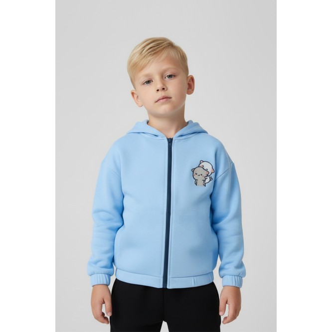 Unisex Çocuk %100 Pamuklu Kedi Nakışlı Kışlık Hırka  -Açık Mavi (3-4 Yaş 8-9 Yaş)