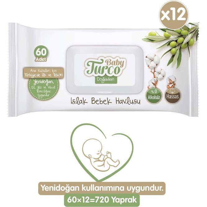 Baby Turco Doğadan Yenidoğan Islak Bebek Havlusu 12x60 Yaprak