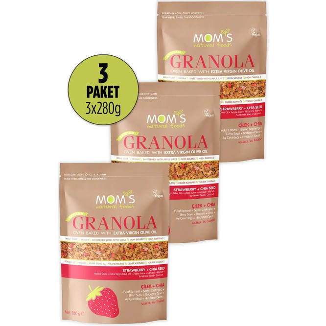 Mom's Natural Foods 3'lü Çilek-Chia Granola 840 gr Meyveli Paket Sızma Zeytinyağı ile Fırınlanmış
