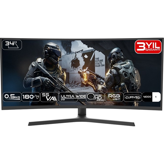 Fazeon X34F180QP 34" 180Hz 0.5ms Fast Va Uwqhd Hdmı*2+Dp*1+Usb*1 Rgb Has Gamıng Monıtor
