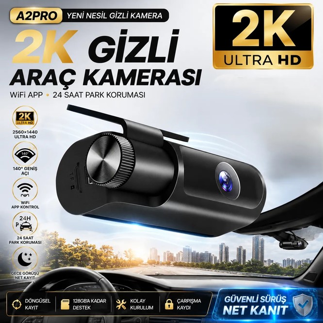 Conio Pasens A2PRO 2k Ultra Hd Araç Kamerası | Wifi App Kontrol, 24H Park Koruması, 140° Geniş Açı, Gece Görüşü
