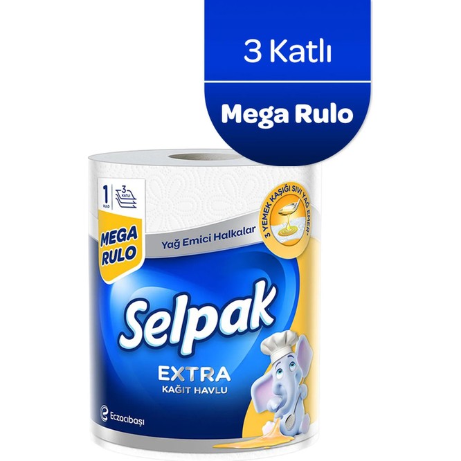 Selpak® Extra 1 Rulo 3 Katlı Kağıt Havlu Yağ Emici ve Dayanıklı Mutfak İçin Paket