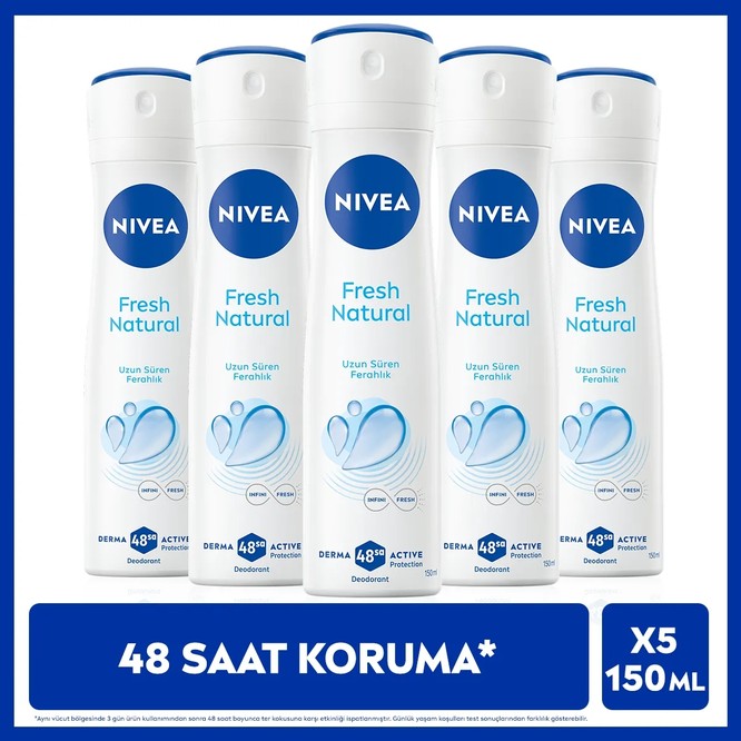 Nivea Kadın Sprey Deodorant Fresh Natural 150ml, Ter Kokusuna Karşı 48 Saat Koruma, X5 Adet
