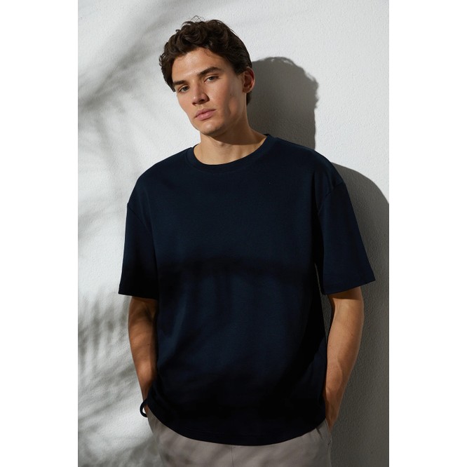 Tudors Unisex Oversize Geniş Kesim %100 Pamuk Yumuşak Dokulu Basic Bisiklet Yaka Lacivert Tişört