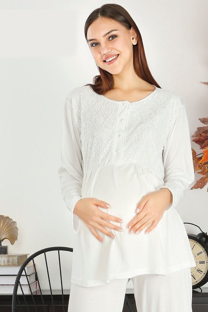 Lady Time Göğüs ve Omuz Dantel Detaylı Kadın Hamile Pijama Takımı 1030