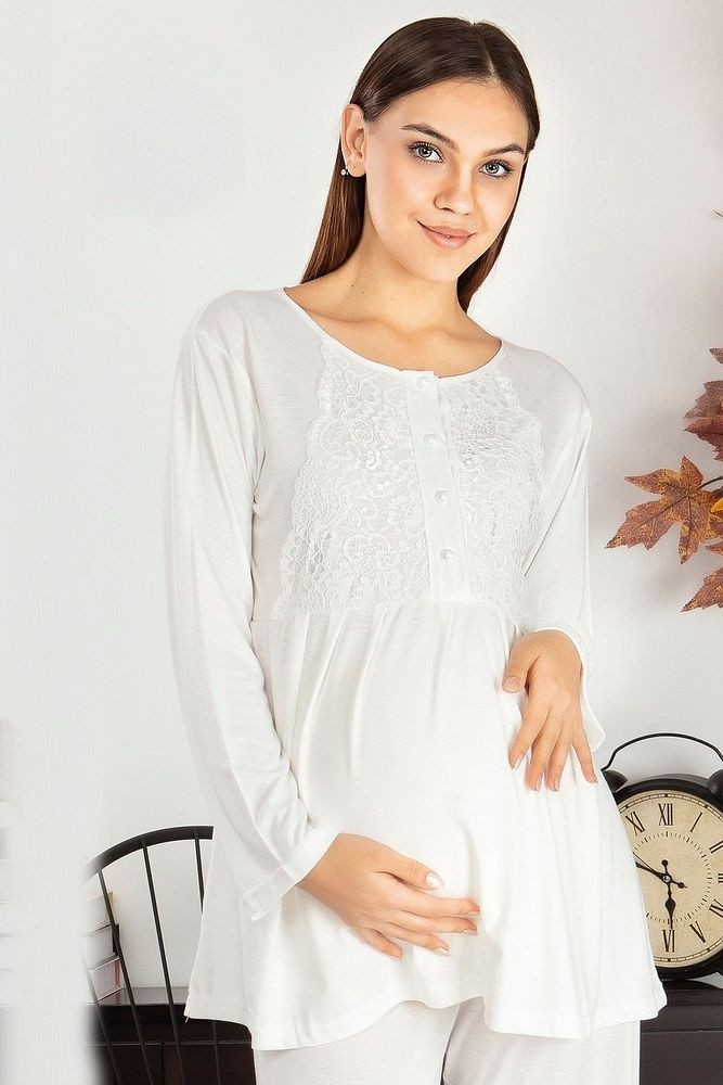 Lady Time Saray Incisi Göğüs Dantel Detaylı Kadın Hamile Pijama Takımı 1032 görsel 6
