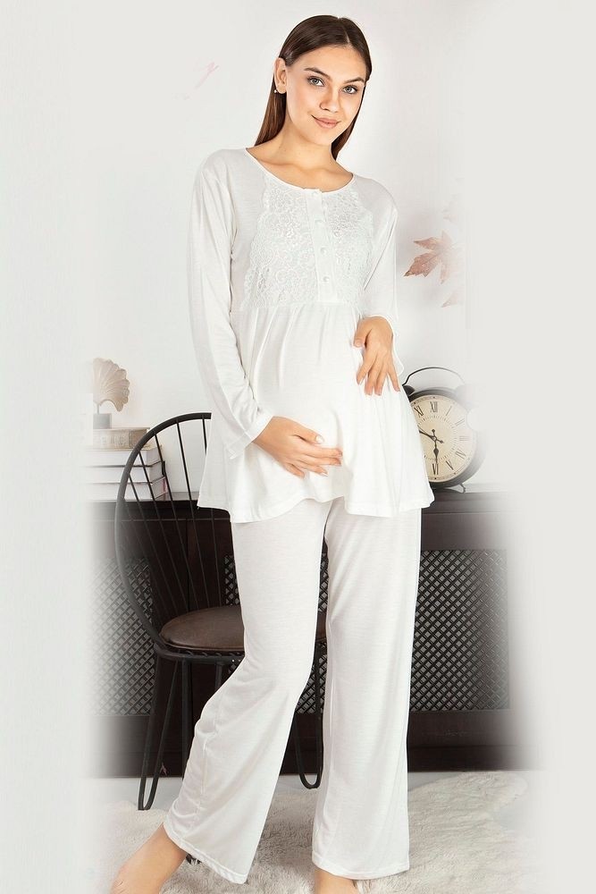 Lady Time Saray Incisi Göğüs Dantel Detaylı Kadın Hamile Pijama Takımı 1032 görsel 7