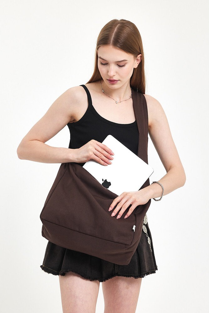 Mute Bag Classic Kanvas Kahve Rengi Tote The School Bag Çapraz ve Omuz Çantası BOY 27 X EN 35 görsel 4