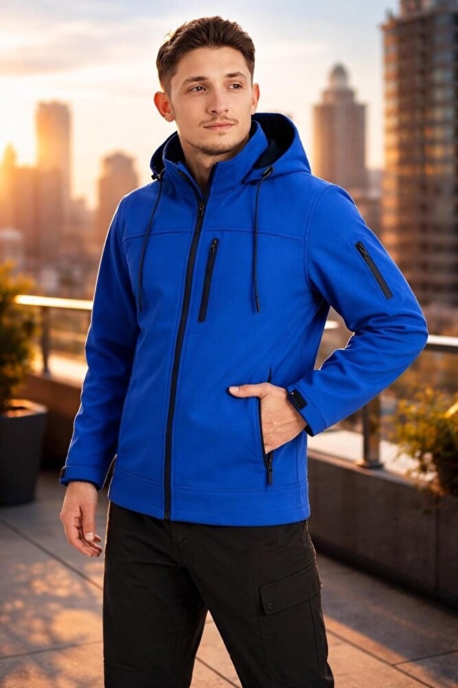 Vatan Tekstil Erkek Slim Fit Softshell Kapüşonlu Erkek Mont Su Itici Rüzgar Geçirmez