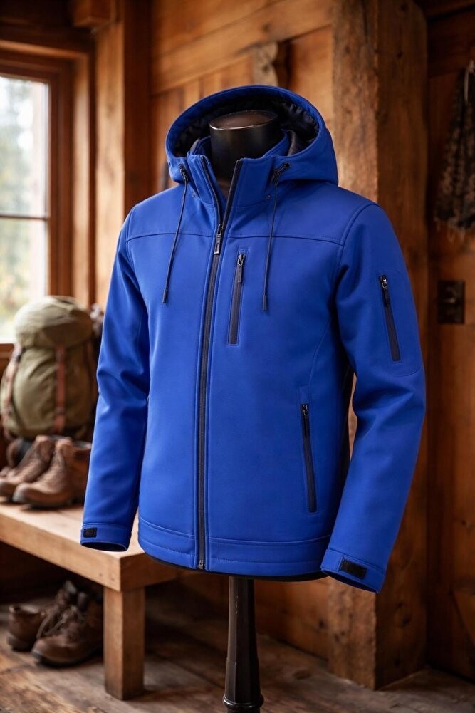 Vatan Tekstil Erkek Slim Fit Softshell Kapüşonlu Erkek Mont Su Itici Rüzgar Geçirmez görsel 2