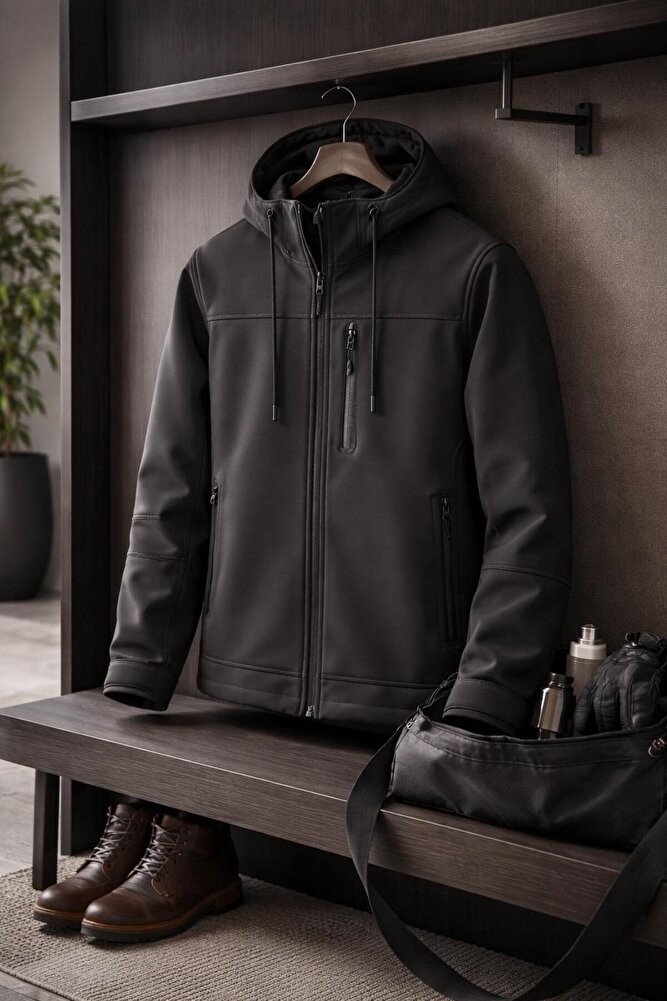 Vatan Tekstil Erkek Slim Fit Softshell Kapüşonlu Erkek Mont Su Itici Rüzgar Geçirmez görsel 5