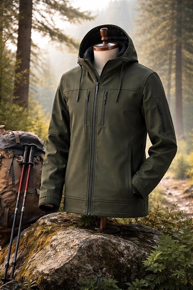 Vatan Tekstil Erkek Slim Fit Softshell Kapüşonlu Erkek Mont Su Itici Rüzgar Geçirmez