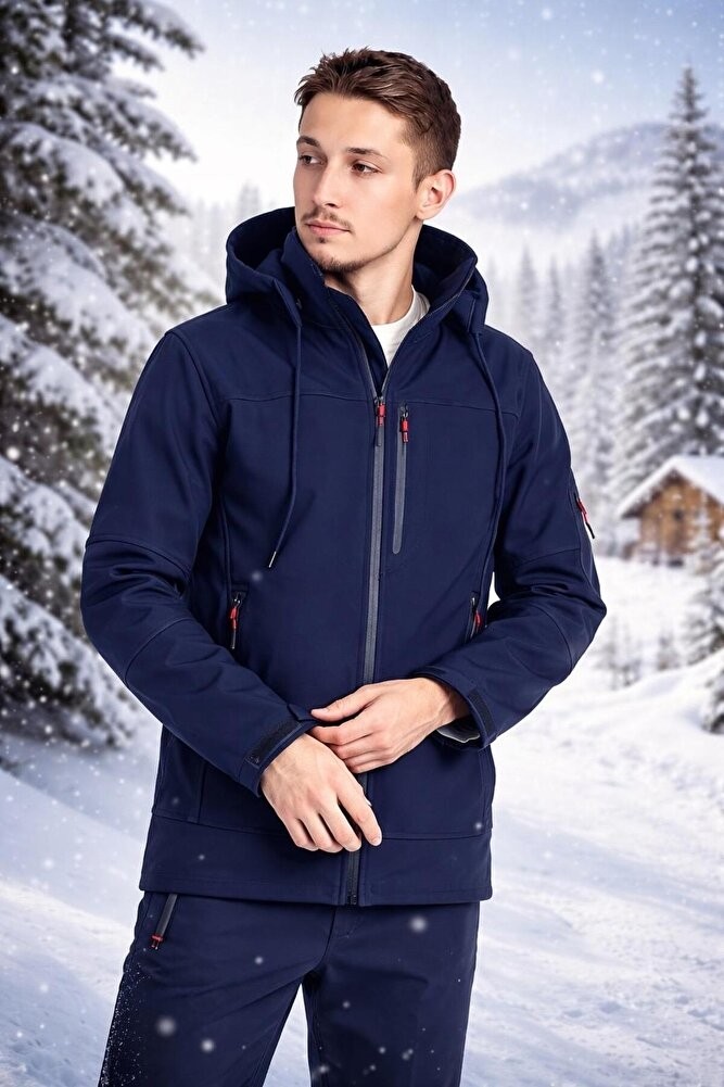 Vatan Tekstil Erkek Slim Fit Softshell Kapüşonlu Erkek Mont Su Itici Rüzgar Geçirmez