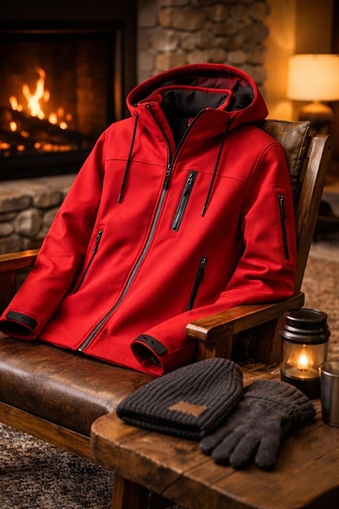 Vatan Tekstil Erkek Slim Fit Softshell Kapüşonlu Erkek Mont Su Itici Rüzgar Geçirmez