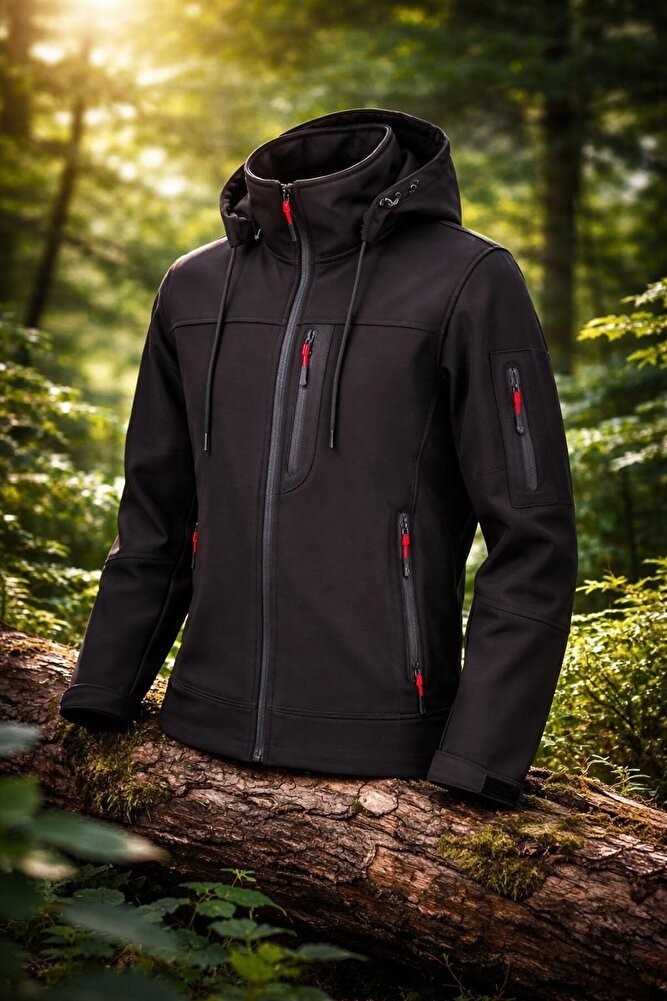 Vatan Tekstil Erkek Slim Fit Softshell Kapüşonlu Erkek Mont Su Itici Rüzgar Geçirmez