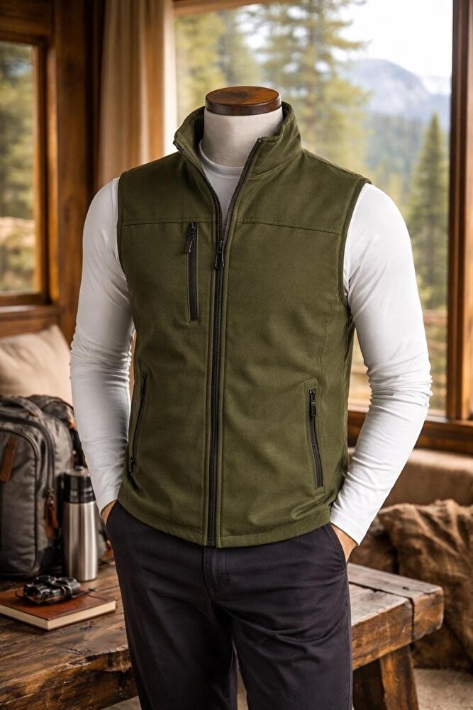 Vatan Tekstil Dik Yaka Slim Fit 3 Cepli Softshell Erkek Yelek Su Itici Kumaş görsel 2