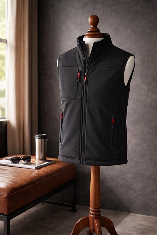 Vatan Tekstil Dik Yaka Slim Fit 3 Cepli Softshell Erkek Yelek Su Itici Kumaş görsel 6