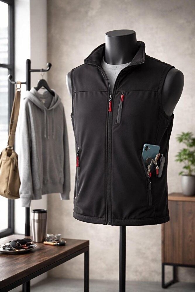 Vatan Tekstil Dik Yaka Slim Fit 3 Cepli Softshell Erkek Yelek Su Itici Kumaş görsel 7