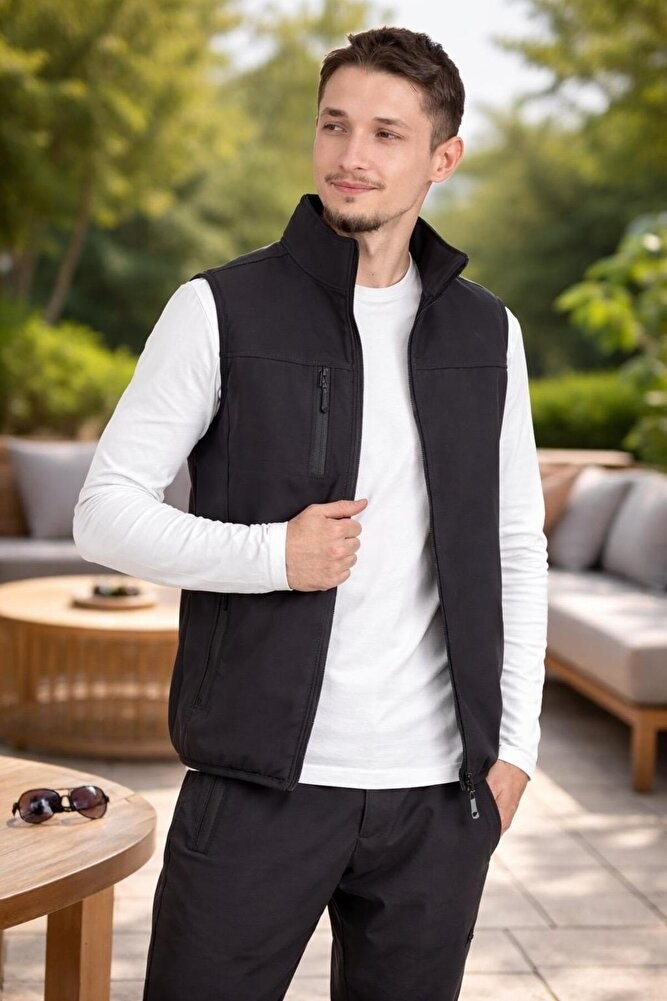 Vatan Tekstil Dik Yaka Slim Fit 3 Cepli Softshell Erkek Yelek Su Itici Kumaş