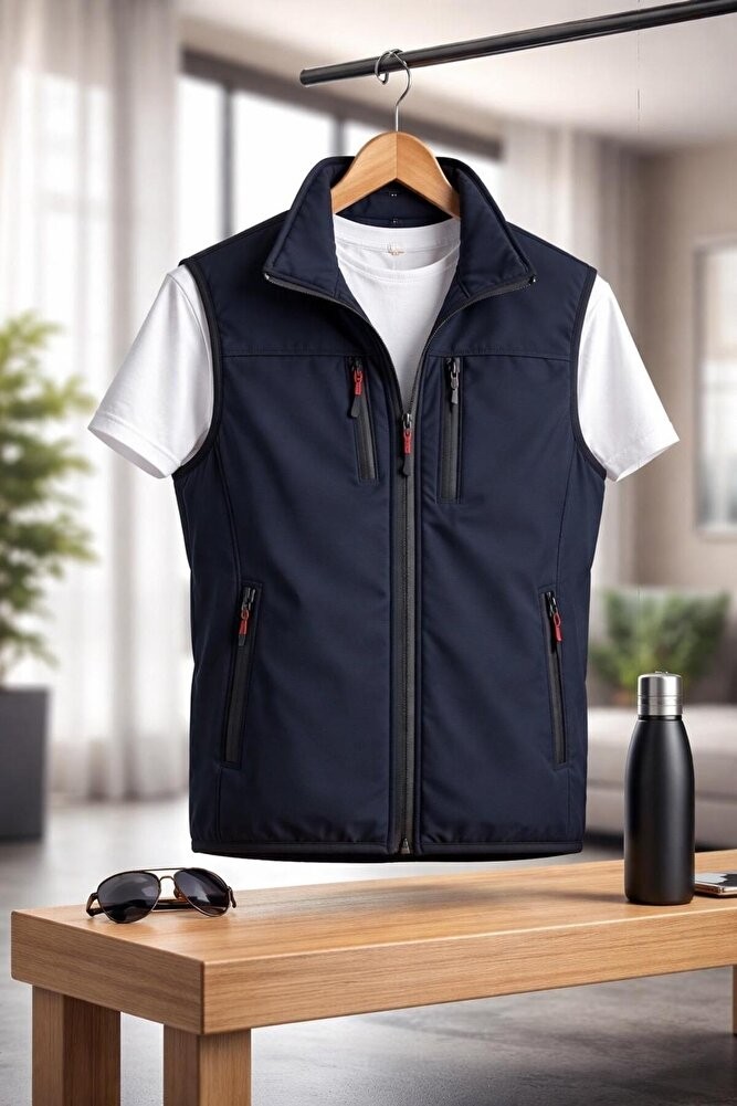 Vatan Tekstil Dik Yaka Slim Fit 3 Cepli Softshell Erkek Yelek Su Itici Kumaş