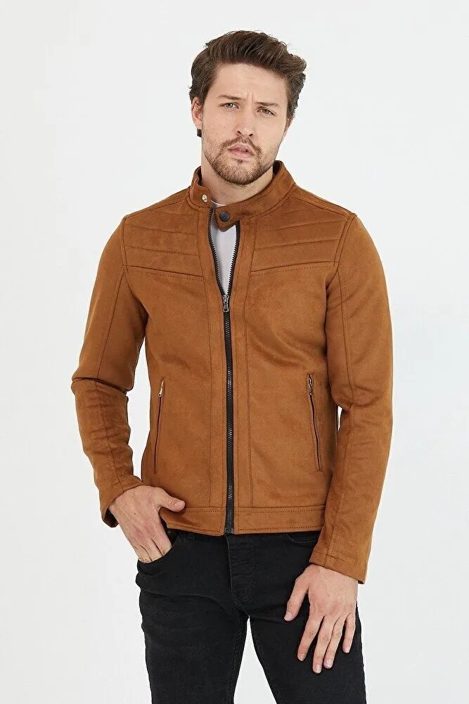 Baselco Erkek Slim Fit Siyah Süet Baharlık Ceket Uzun Kol Dik Yaka Orta Boy Çift Cepli