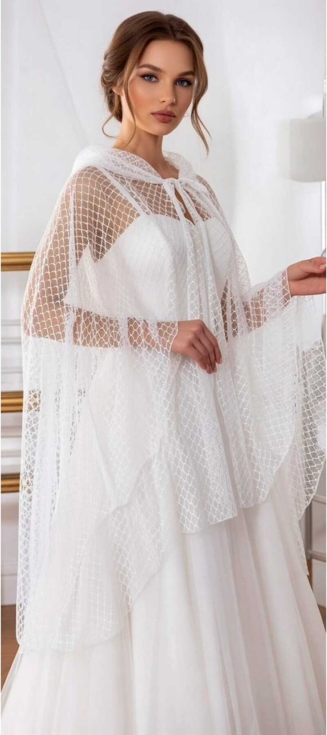 Moda Nur Pelerin, Kapşonlu Pelerin, Kırık Beyaz Renk , Gelin Pelerin. 1 Metre
